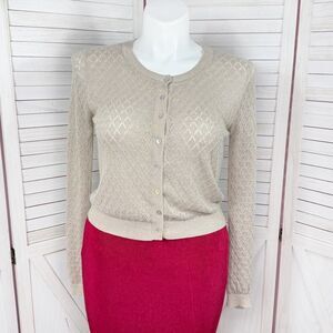 MNG Mango Pointelle Metallic Shimmer Button Up Cardigan Sweater Tan Gold Large